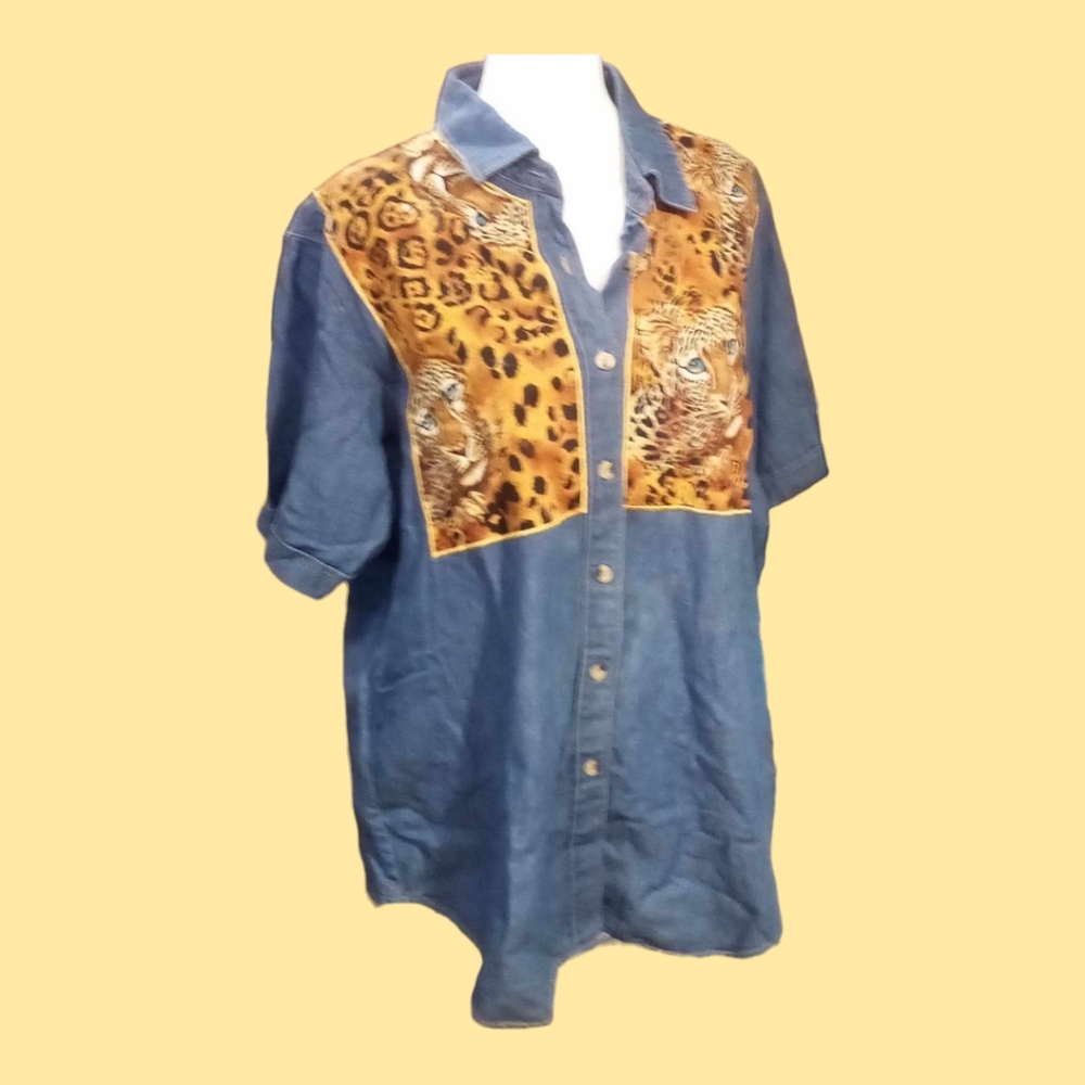 Vintage large denim/leopard  button down - Picture 2 of 6